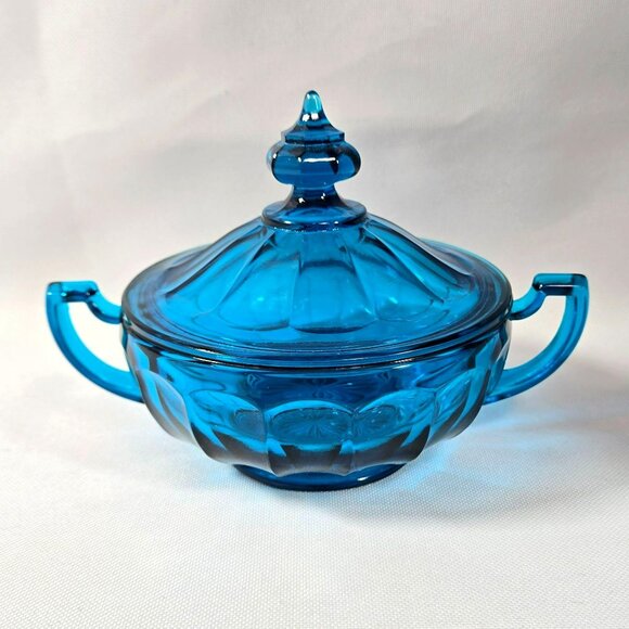 Vtg MCM Westmoreland Covered Sugar Dish Ashburton Blue Thumbprint Dual Handle - Picture 1 of 12